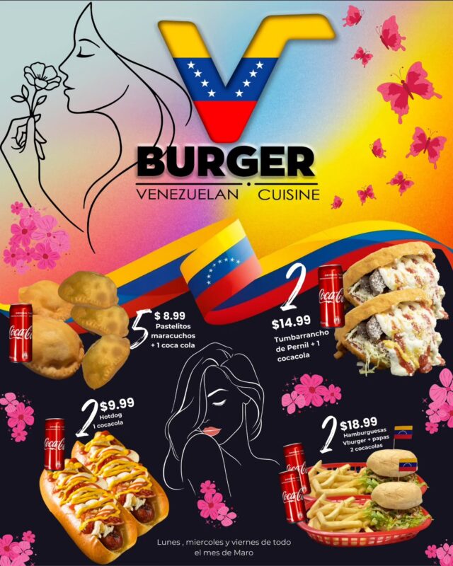 Marzo de Promociones en VBurger.

Celebramos el Mes de la Mujer ♀️👠⛹🏼‍♀️🏃🏼‍♀️👩🏼‍🍳👩🏼‍💼👩🏼‍🔧👩🏼‍🔬👷🏼‍♀️👵🏼💃🏼🤰🏼con el auténtico sabor zuliano🇻🇪. 

Durante todo el mes de marzo, habilitamos combos especiales para garantizar la mejor gastronomía venezolana en West Jordan. Las siguientes ofertas aplican exclusivamente los días lunes, miércoles y viernes:

🌟5 Pastelitos maracuchos + 1 Coca-Cola por $8.99.

🌟2 Tumbarrancho de Pernil + 1 Coca-Cola por $14.99.

🌟2 Hotdogs + 1 Coca-Cola por $9.99.

🌟2 Hamburguesas VBurger con papas + 2 Coca-Colas por $18.99.

La mesa está servida. Ejecuta tu pedido en el local.

Ubicación: 1669 W 9000 S, West Jordan, UT 84088.

#MesDeLaMujer #VBurgerUtah #WestJordan #ComidaVenezolana #SaborZuliano PromocionesUtah