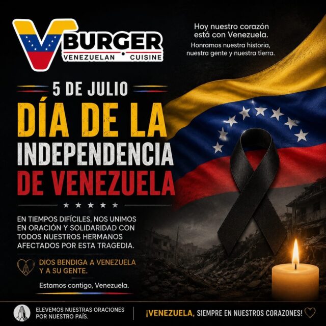 Familia, cada 5 de julio solemos celebrar en alto el orgullo de ser venezolanos. 

Este año, ese orgullo se transforma en fuerza, apoyo y solidaridad.

Las recientes tragedias en nuestro país nos han golpeado profundamente, y sabemos que muchos en nuestra comunidad aquí en Utah tienen a sus seres queridos allá, viviendo momentos de gran angustia. 

Desde VBurger, queremos usar este espacio hoy para unirnos como la gran familia que somos.

 Elevamos nuestras oraciones para que Dios bendiga nuestra tierra, proteja a nuestra gente y nos dé la luz para superar esta dura prueba.

Acompáñennos en esta cadena de apoyo. Dejen su mensaje de aliento aquí abajo para quienes más lo necesitan hoy. 🙏

#FuerzaVenezuela #VBurger #Solidaridad #5DeJulio #VenezolanosEnSaltLakeCity #ComunidadVenezolanaUtah #UnidosPorVenezuela #OracionPorVenezuela