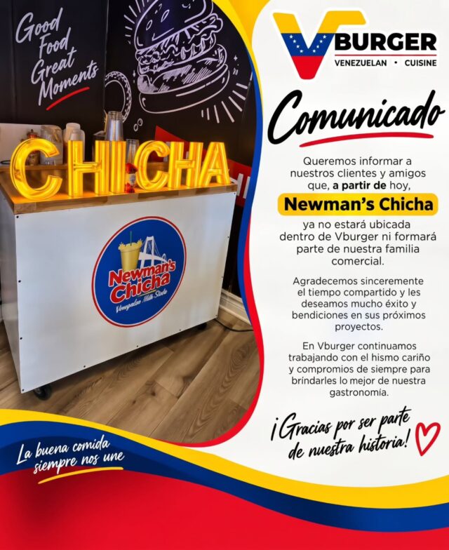 Comunicado oficial: A partir de hoy, cerramos un ciclo y Newman's Chicha deja de formar parte de nuestro espacio y familia comercial. 

Agradecemos sinceramente el tiempo compartido y los buenos momentos, deseándoles el mayor de los éxitos en sus próximos proyectos. 

Por nuestra parte, en Vburger seguimos adelante con el mismo compromiso, la pasión intacta y enfocados en ofrecerles la mejor gastronomía. 

 ¡Gracias por ser parte de nuestra historia!