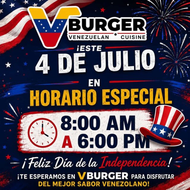 En VBurger nos unimos al luto y la reflexión que embarga a nuestro país tras los dolorosos eventos del pasado 26 de junio. Nuestros pensamientos y solidaridad están con cada familia afectada en estos momentos tan difíciles.

Para quienes buscan un espacio familiar y el consuelo del sabor a casa durante este feriado, les informamos que este jueves 4 de julio estaremos laborando en un horario especial de 8:00 AM a 6:00 PM.

Seguimos trabajando para ustedes, unidos como la gran familia venezolana que somos.

📍 1669 W 9000 S, West Jordan, UT 84088.

#VBurgerUtah #WestJordan #ComunidadVenezolana #VenezolanosEnUtah #FuerzaVenezuela #Solidaridad #HorarioEspecial