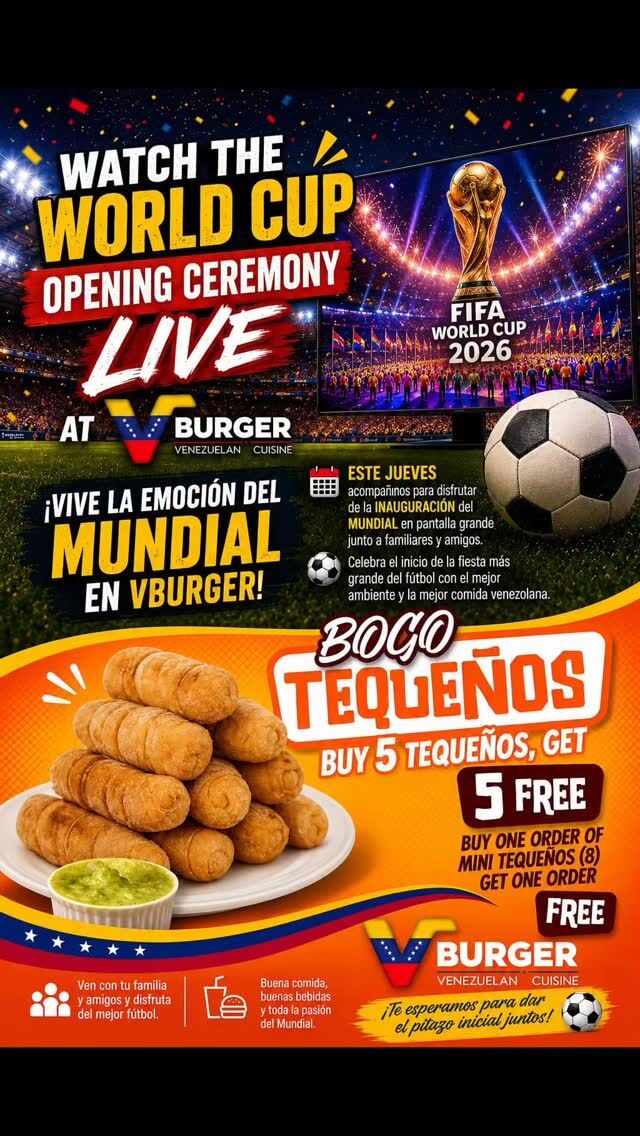 ¡El Mundial arranca en VBurger y lo celebramos en grande! ⚽🏆🇻🇪

La espera terminó. Este jueves damos el pitazo inicial y queremos que vivas la emoción de la Ceremonia de Inauguración del Mundial 2026 en pantalla grande.

Para que la fiesta sea completa, ven con tu familia o amigos y aprovecha nuestra promoción de campeonato

🔥 BOGO DE TEQUEÑOS 🔥
Compra 5 tequeños y te regalamos 5.

O si lo prefieres: Compra 1 orden de mini tequeños (8) y llévate otra orden totalmente GRATIS.

Buena comida, buenas bebidas, el mejor fútbol y el ambiente familiar con sabor a casa que nos caracteriza. ¡Arma tu equipo y vente a celebrar el inicio del Mundial!

📍 Te esperamos en: 1669 W 9000 S, West Jordan, UT 84088.

 #VBurgerUtah #WorldCup2026 #WestJordanEats #TequeñosVenezolanos #promoutah