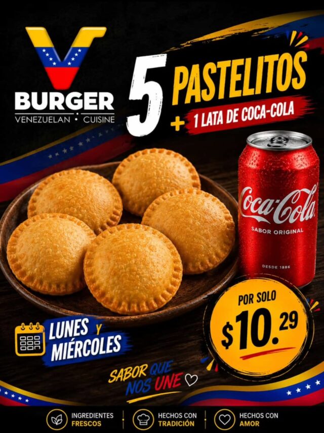 ¡El combo perfecto para empezar la semana con todo el sabor! 🤤🔥

¿Antojo de algo crujiente, tradicional y a un precio increíble? 

En @vburgerutah te lo tenemos resuelto.

Pídete nuestro súper combo de 5 Pastelitos + 1 lata de Coca-Cola bien fría por solo $10.29.👀

 Hechos con ingredientes frescos, mucho amor y ese "crunch" que te transporta directo a Venezuela. 🇻🇪❤️

⚠️ Aviso importante: Esta promoción es válida EXCLUSIVAMENTE los días Lunes y Miércoles. ¡Ideal para salvar el almuerzo o la cena!

¿De qué vas a pedir los tuyos? ¡Te leemos abajo! 👇

📍 1669 W 9000 S, West Jordan, UT 84088.
📲 Ordena en el local o pide por delivery.

#VBurgerUtah #WestJordanEats #PastelitosVenezolanos #ComidaVenezolanaUtah #PromoUtah