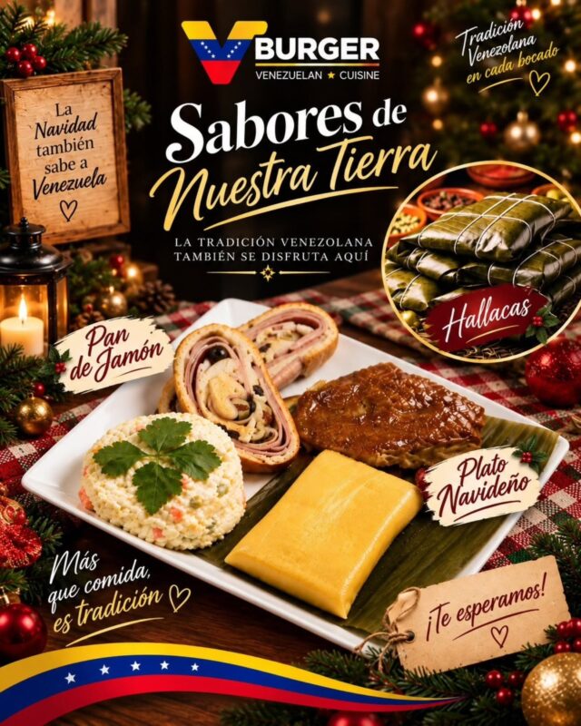 🎄🇻🇪 Hoy comienza a oler a Navidad en V Burger.

Hay sabores que no necesitan presentación… porque apenas los ves, te llevan directo a casa.

Desde hoy puedes disfrutar nuestro Plato Navideño Venezolano: esos sabores que nos recuerdan a la familia, a la mesa servida y a las tradiciones que llevamos con nosotros, estemos donde estemos.

Porque la Navidad no es solo una fecha.
Es un sabor, un recuerdo y un pedacito de Venezuela. ❤️💙💛

📍 V Burger — West Jordan, Utah
🇻🇪 La tradición venezolana también se disfruta aquí.

¿Con quién compartirías este plato? 👇

#VBurger #VenezuelanCuisine #ComidaVenezolana #PlatoNavideño #NavidadVenezolana